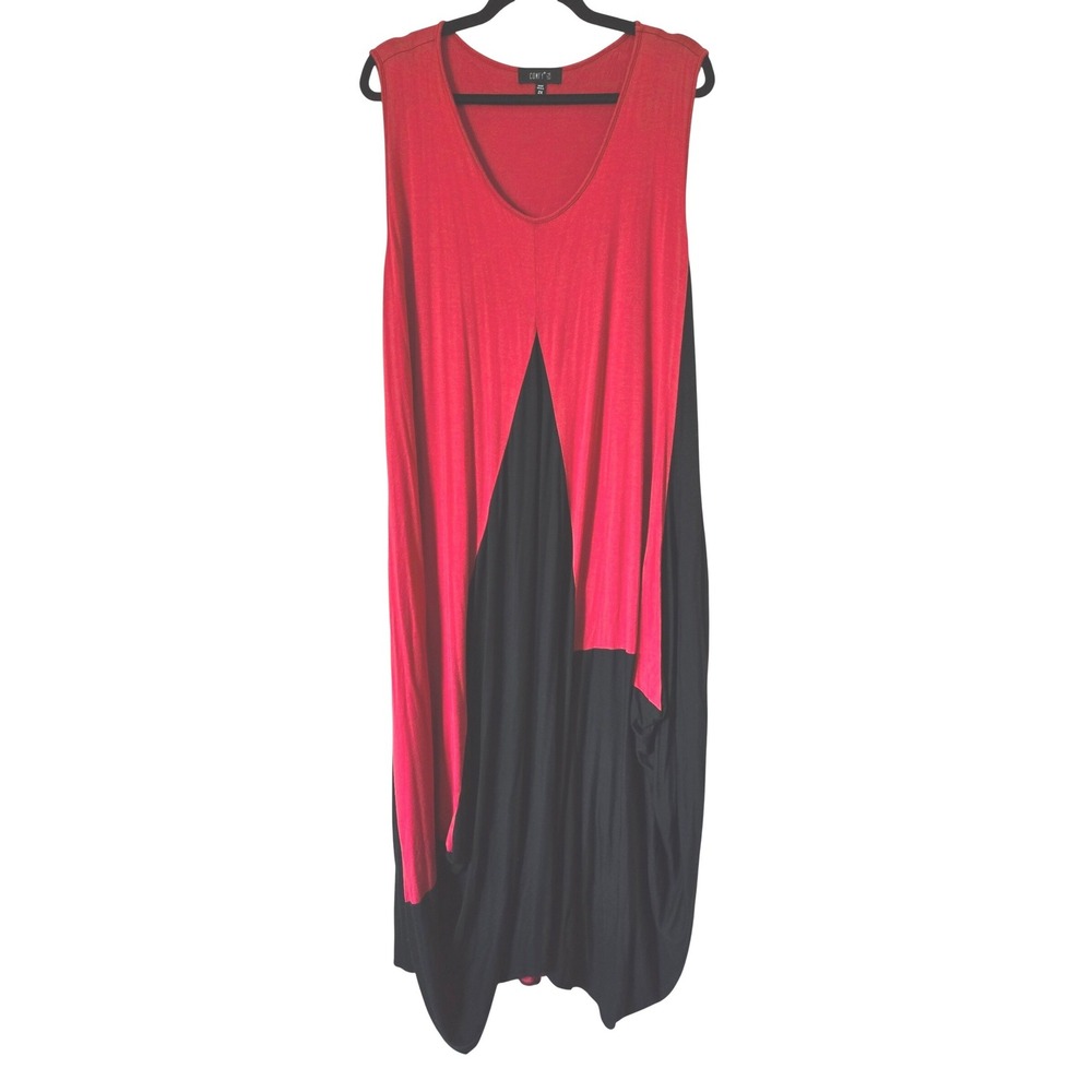 Comfy USA Red Black Colorblock Asymmetric Maxi Dress Pockets Womens 2X Lagenlook